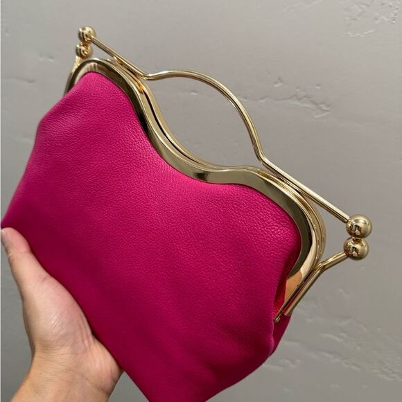 Hot Pink Pebble Leather Handmade Double Kisslock, Metal Frame Handbag Set - Picture 12 of 17